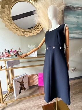 Tory Burch Black Sleeveless Midi Dress with Crystal Waist Buttons